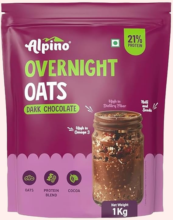 ALPINO High Protein Super Overnight Oats| Dark Chocolate 1KG - 21g Protein, Added Nuts & Seeds, Instant Rolled Oats - As Seen on Shark Tank India - Thumbnail