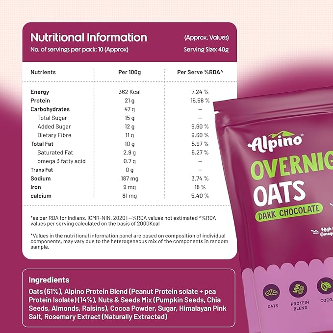 ALPINO High Protein Super Overnight Oats| Dark Chocolate 1KG - 21g Protein, Added Nuts & Seeds, Instant Rolled Oats - As Seen on Shark Tank India - Thumbnail
