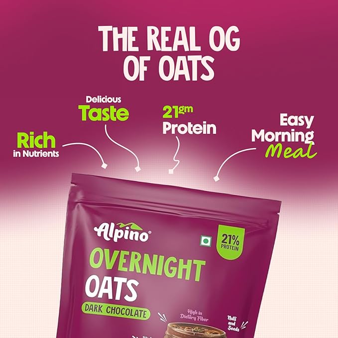 ALPINO High Protein Super Overnight Oats| Dark Chocolate 1KG - 21g Protein, Added Nuts & Seeds, Instant Rolled Oats - As Seen on Shark Tank India - Thumbnail
