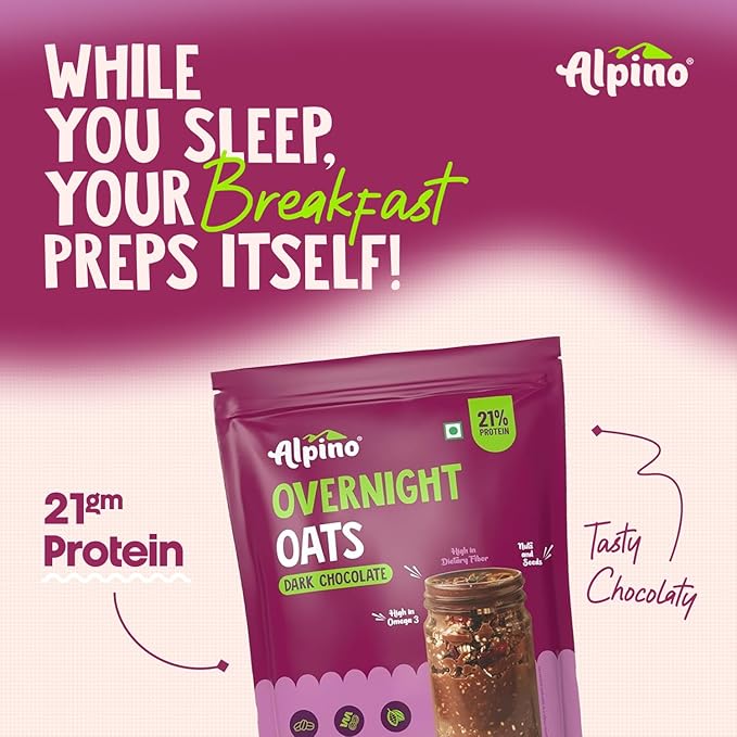 ALPINO High Protein Super Overnight Oats| Dark Chocolate 1KG - 21g Protein, Added Nuts & Seeds, Instant Rolled Oats - As Seen on Shark Tank India - Thumbnail