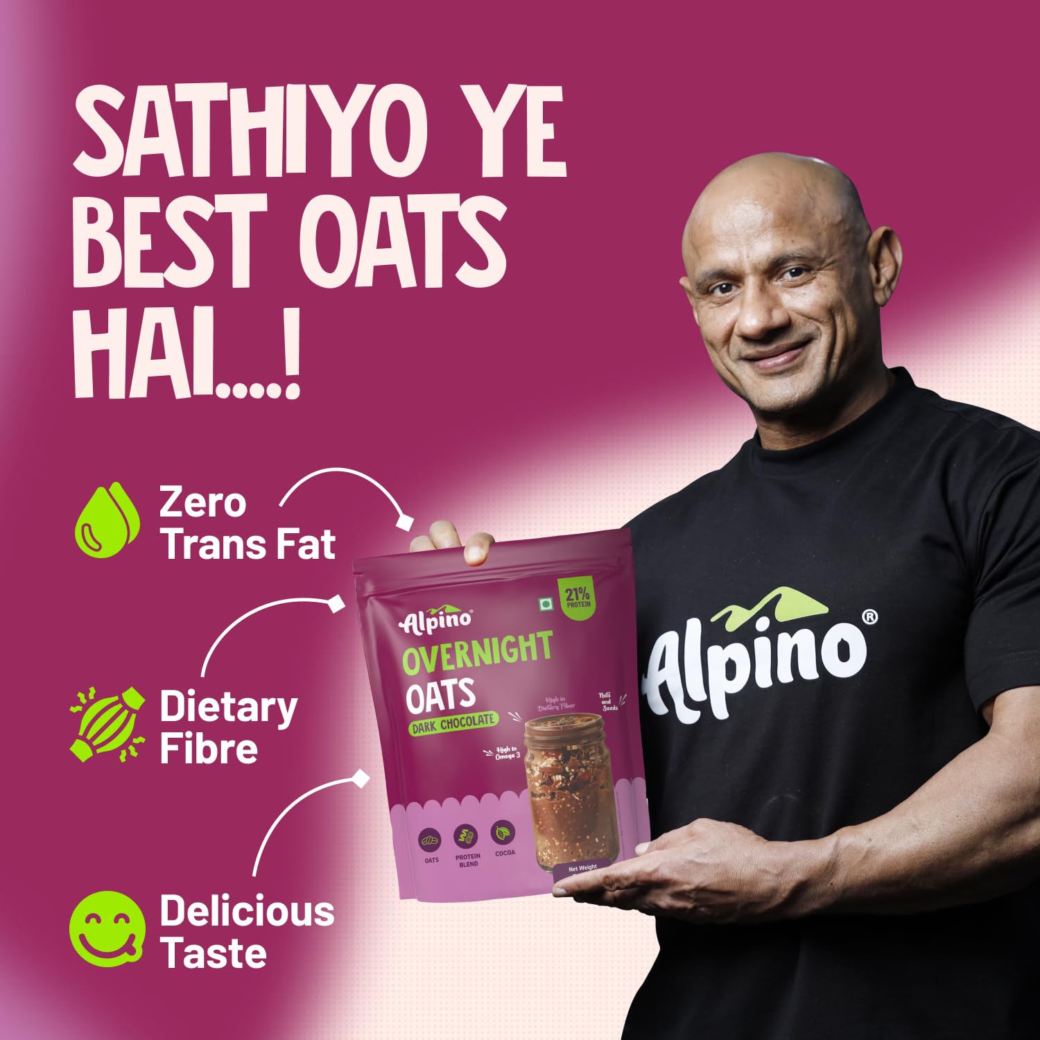 ALPINO High Protein Super Overnight Oats| Dark Chocolate 1KG - 21g Protein, Added Nuts & Seeds, Instant Rolled Oats - As Seen on Shark Tank India - Thumbnail