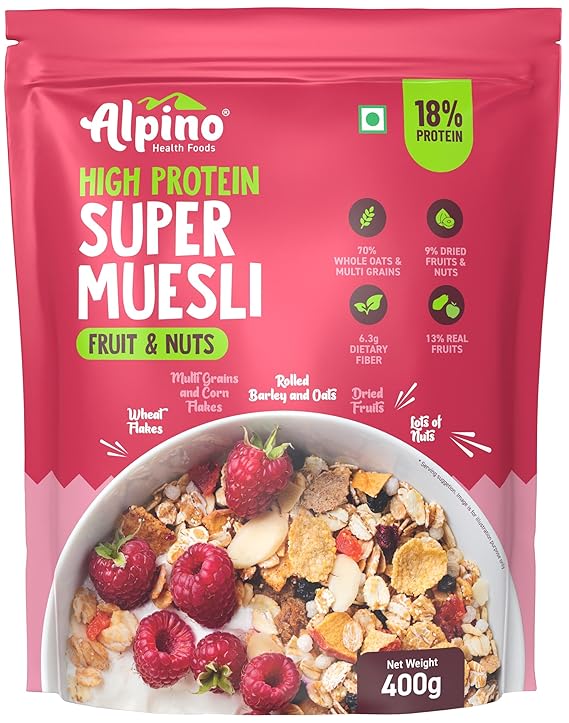 ALPINO High Protein Super Muesli Fruit and Nuts 400g - Dried Fruits & Nuts, No Sugar Infused Fruits - High in Protein, Source of Fibre, Breakfast Cereal - Thumbnail