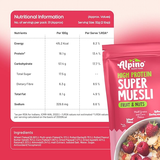 ALPINO High Protein Super Muesli Fruit and Nuts 400g - Dried Fruits & Nuts, No Sugar Infused Fruits - High in Protein, Source of Fibre, Breakfast Cereal - Thumbnail
