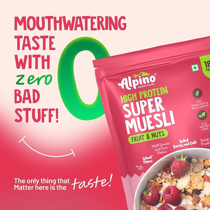 ALPINO High Protein Super Muesli Fruit and Nuts 400g - Dried Fruits & Nuts, No Sugar Infused Fruits - High in Protein, Source of Fibre, Breakfast Cereal - Thumbnail